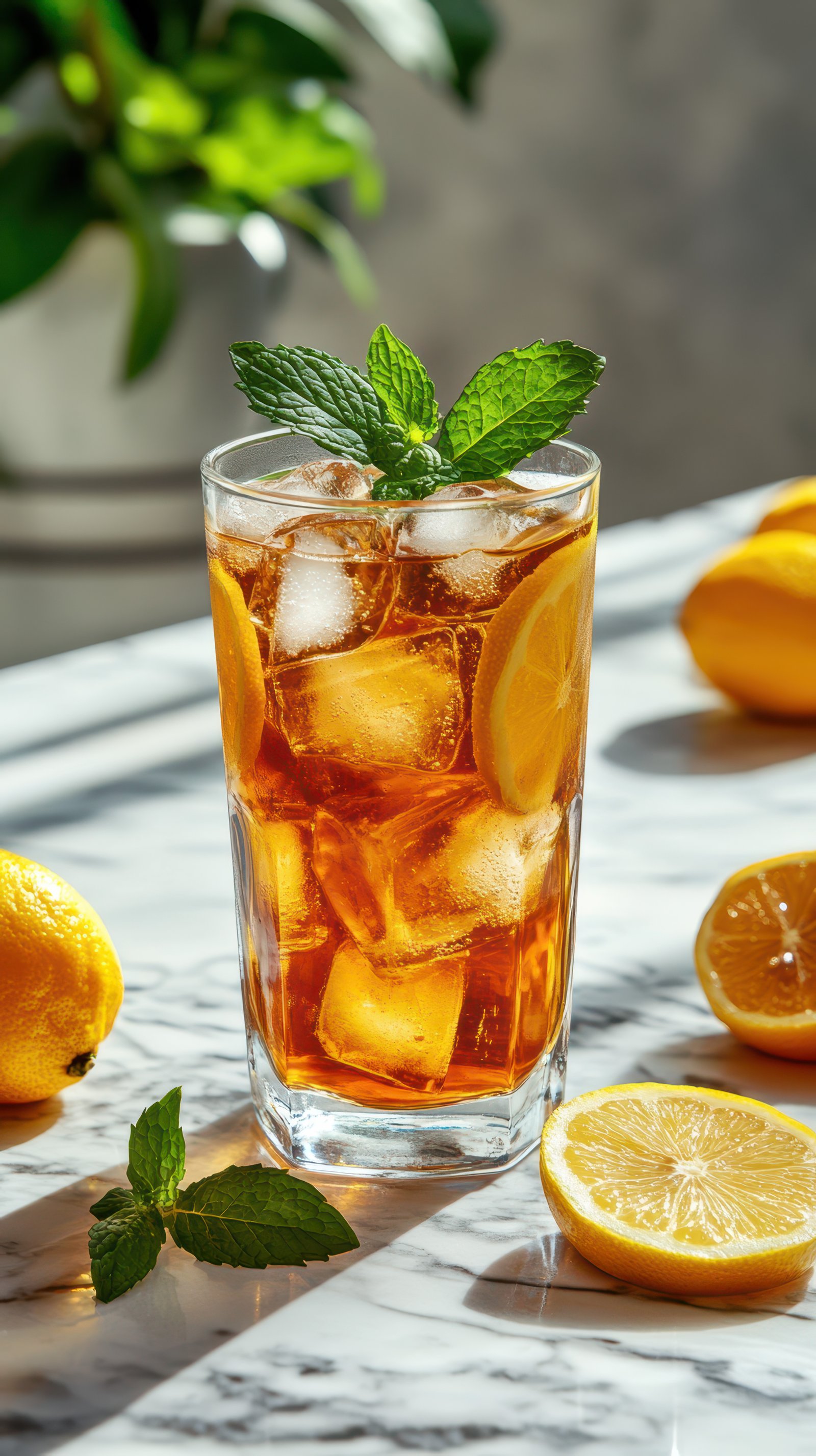 Refreshing iced tea with lemon and mint garnished in a glass on a marble table with fresh lemons nearby